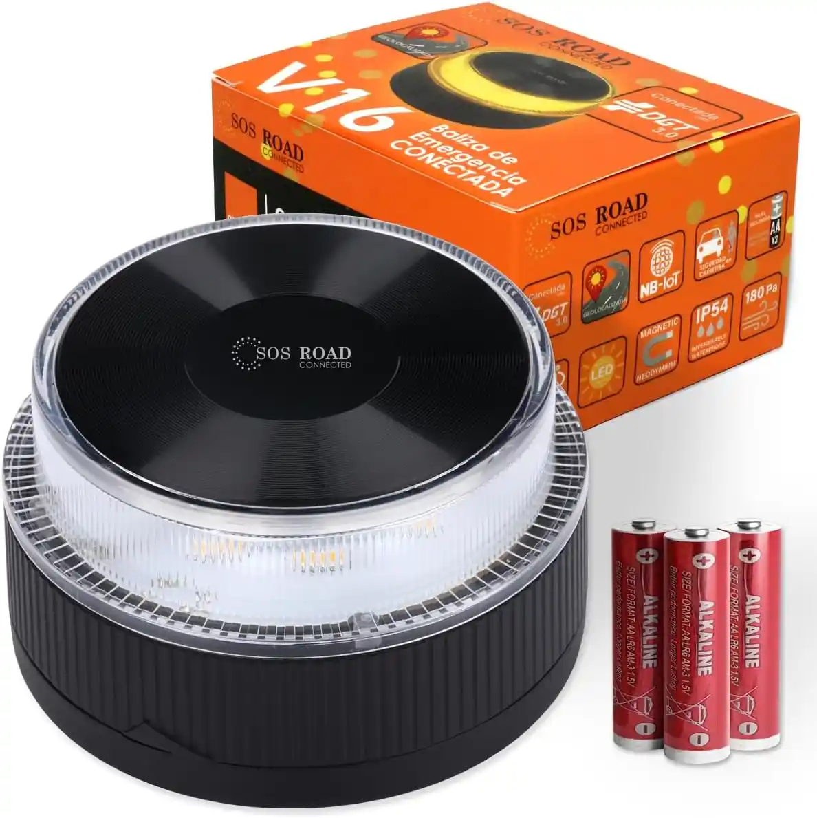 Luz de emergencia coche de la marca Sos Road, baliza de base negra y blanco transparente en la parte superior, acompañada de su caja presentación color naranja y 3 pilas para su funcionamiento