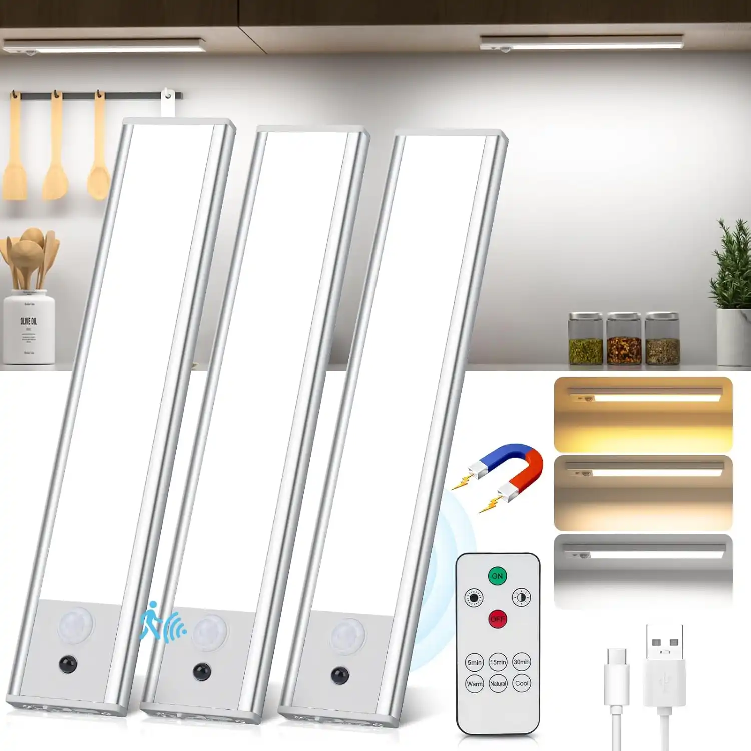 3 luces led armario blancos de la marca Topplee junto con su mando a distancia y cargador usb, además de sus 3 tonalidades de color blanco frío, neutro y cálido