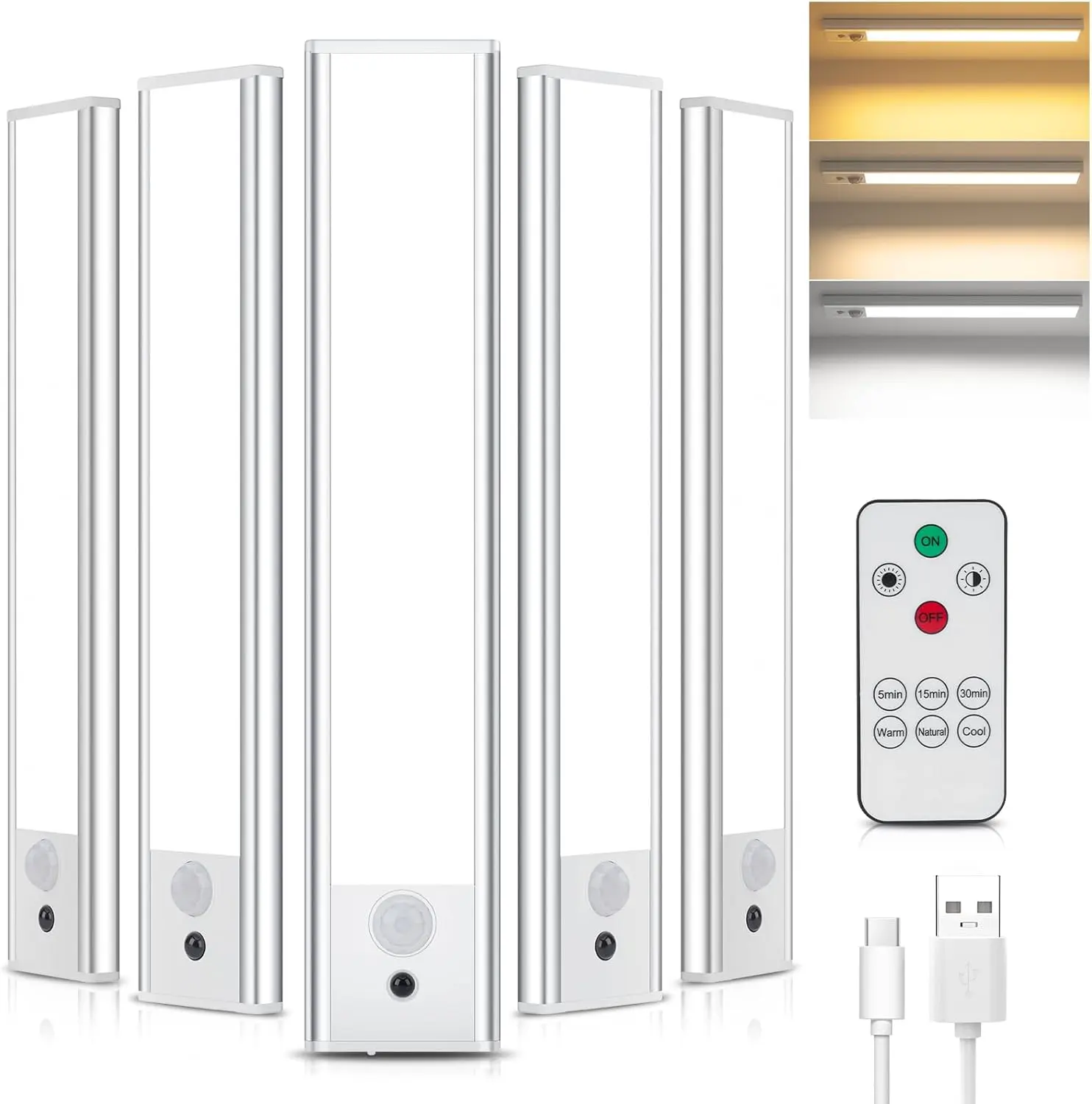 5 luces led armario blancas de la marca Topplee, mando a distancia, usb recargable y visión de las 3 tonalidades de color: blanco frío, neutro o cálido