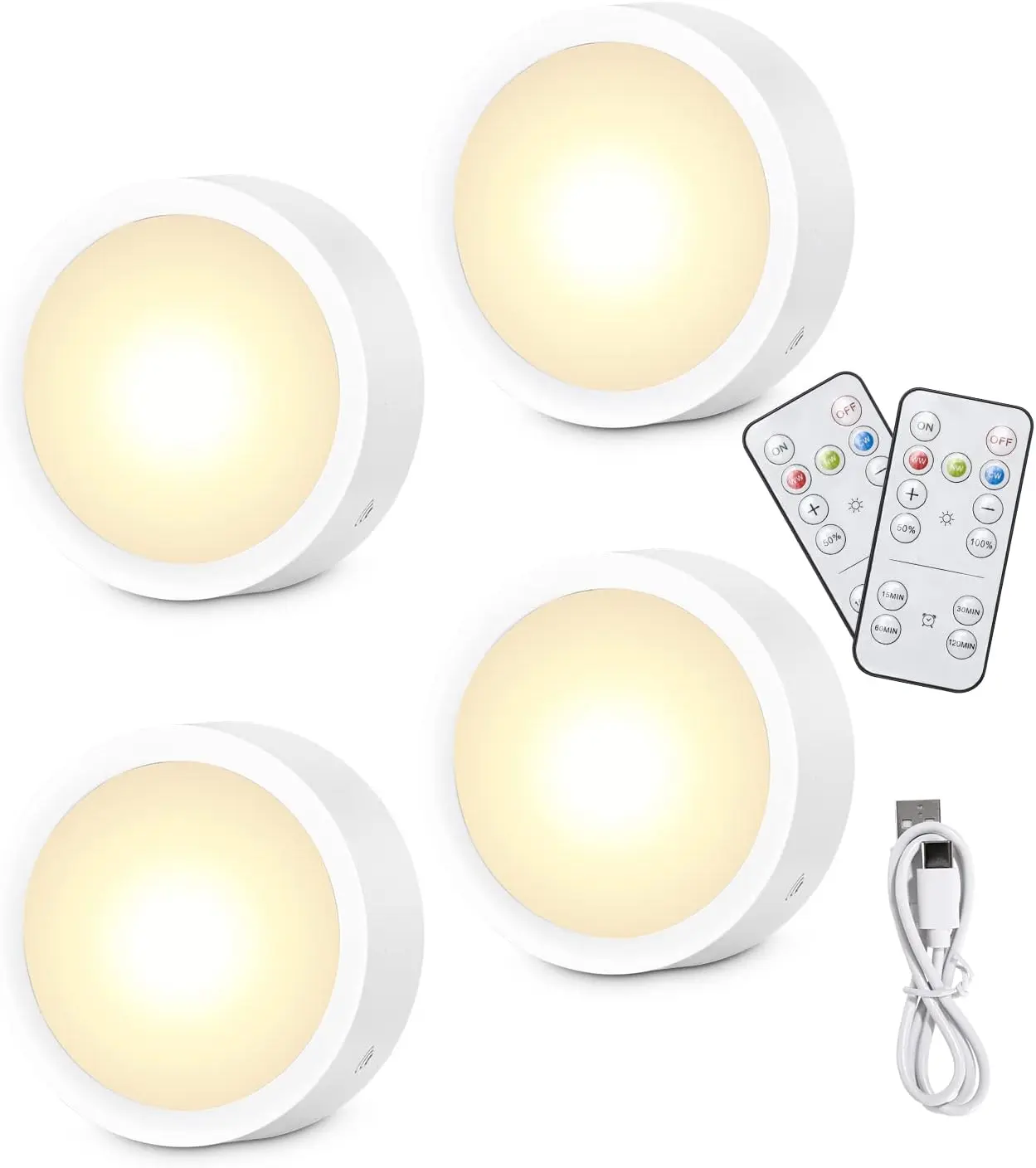 4 luces led de armario de la marca Zawaer redondas de color blanco, mandos a distancia y cable usb