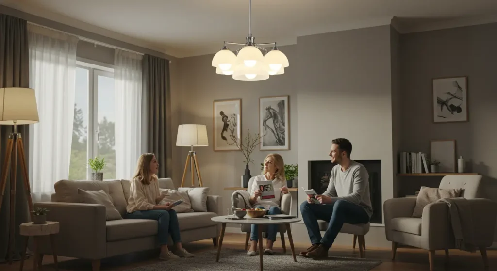 Familia disfrutando de su nueva lámpara de techo led