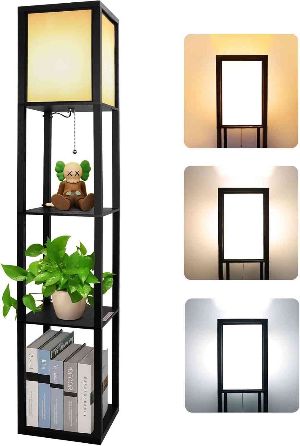 Presentación Lámpara de pie Alampia, estructura de madera, y 3 modos de luz, cálida, neutra y fría
