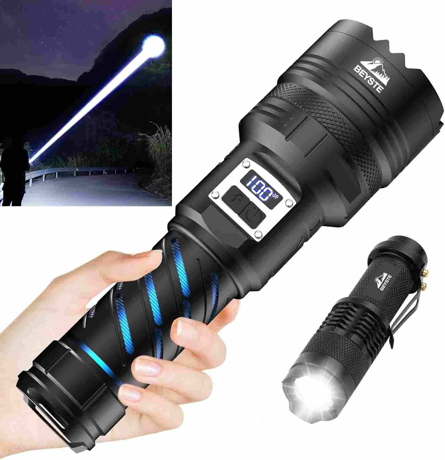Linterna led recargable Beyste portada en una mano, junto con imagenes de su uso y de la linterna encendida