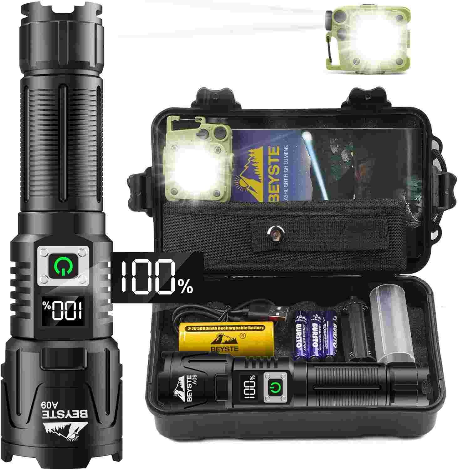 Presentación linterna led recargable de la marca Beyste junto con su estuche y accesorios