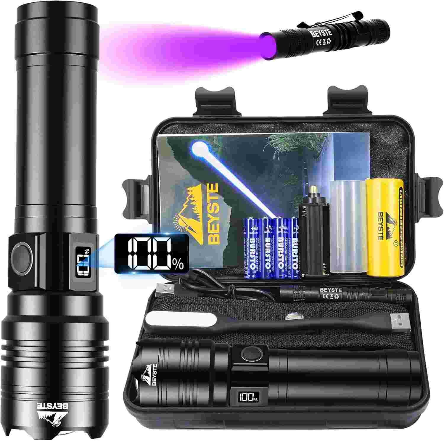 Presentación linterna led Beyste y su estuche con accesorios