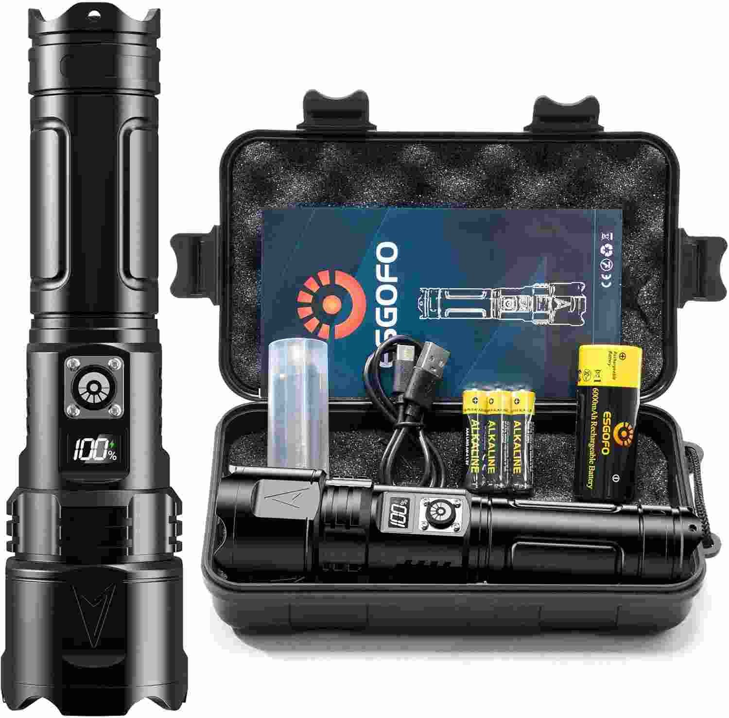 Presentación linterna led recargable de la marca Esgofo junto con su estuche y accesorios en el