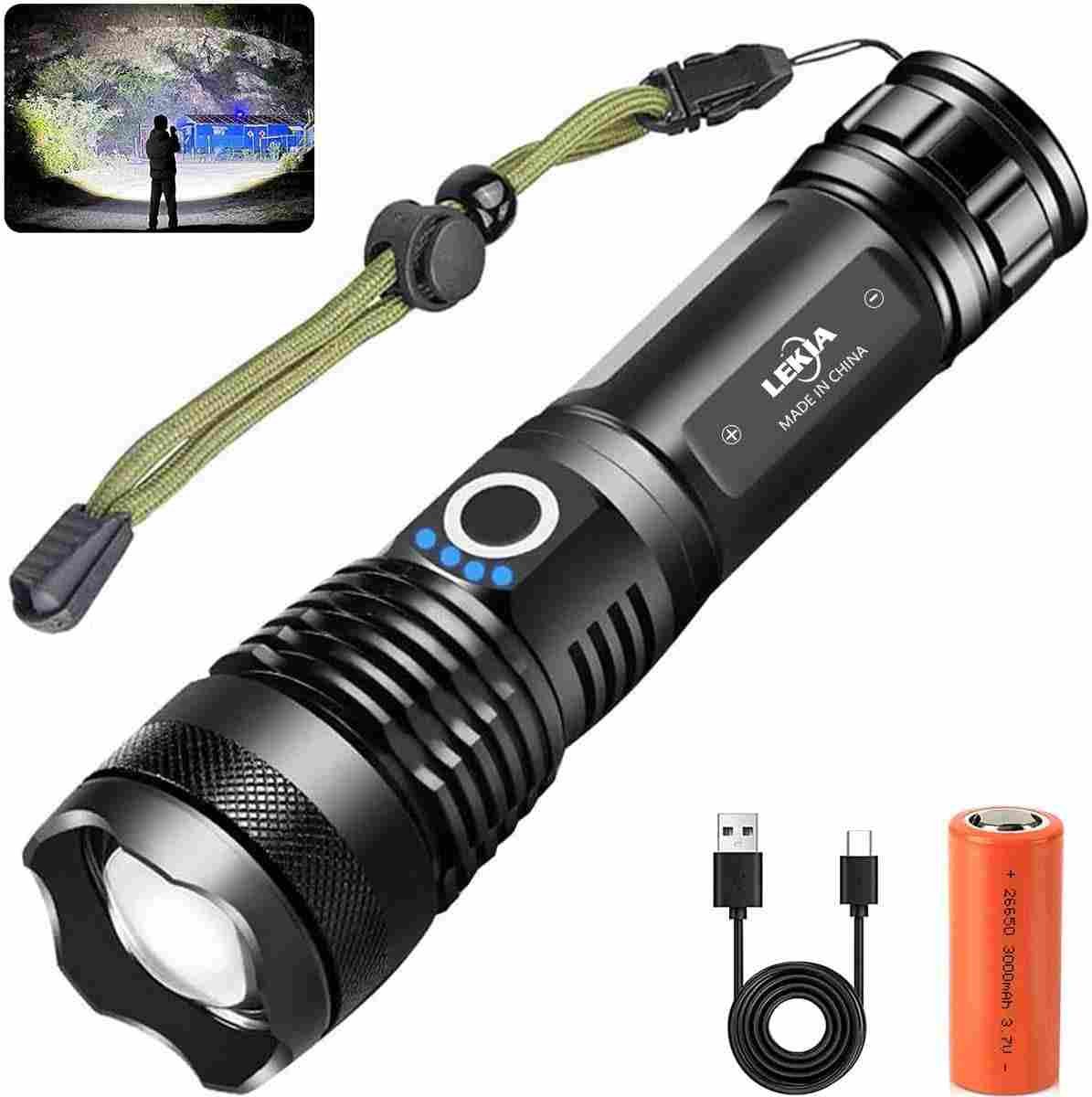 Linterna led Lekia junto con su cable usb y batería para su recarga