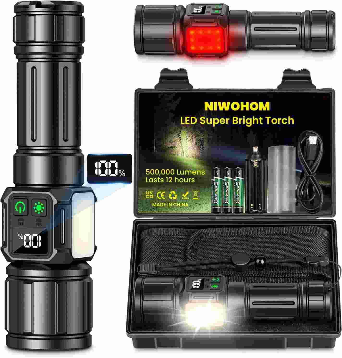 Presentación Linterna led Niwohom con su estuche y accesorios