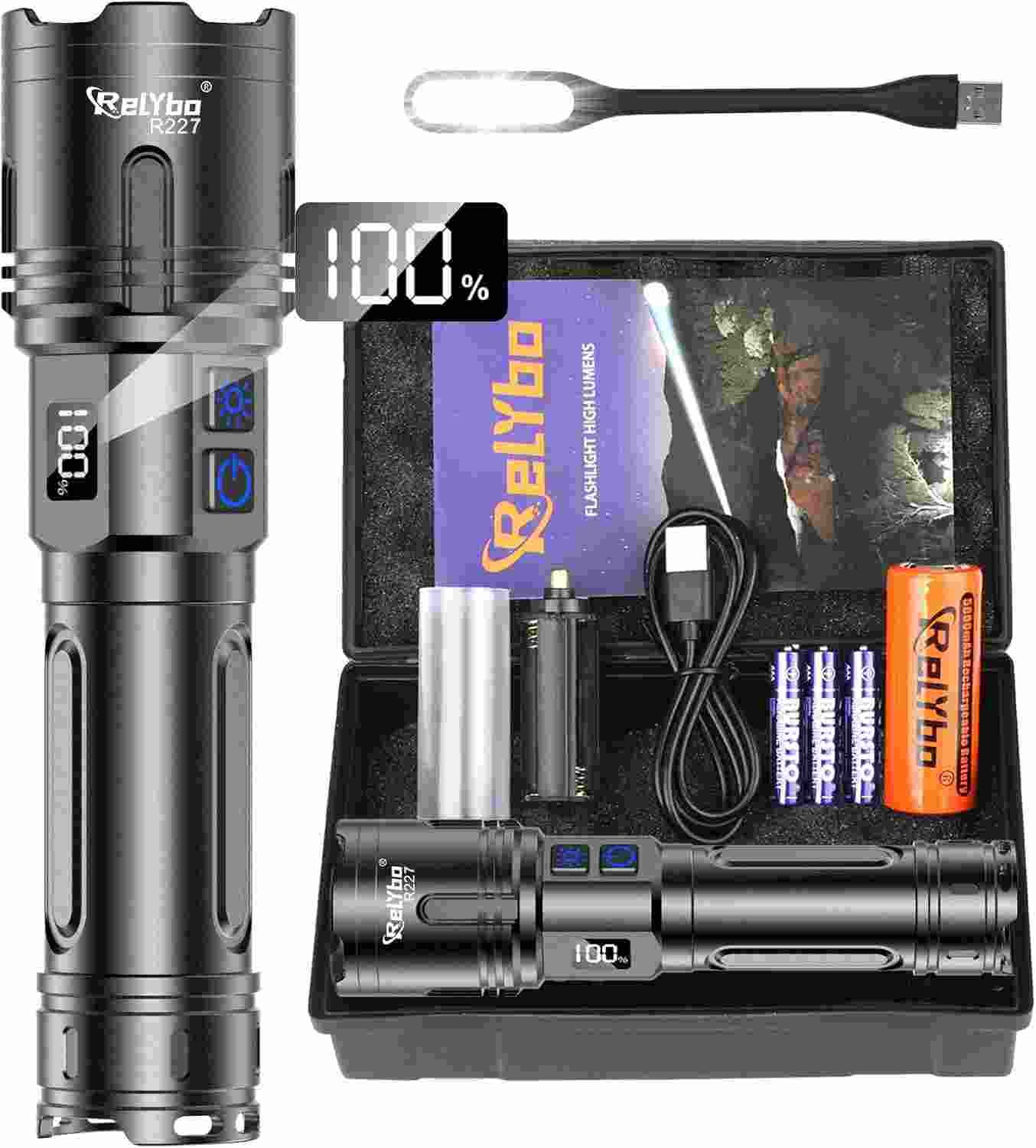 Presentación Linterna led Relybo con su estuche y accesorios