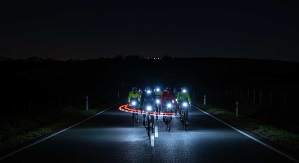Imagen nocturna de un grupo de ciclistas transitando una carretera oscura iluminando el camino con sus luces para bicicleta
