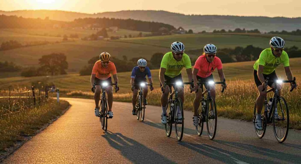 Selección de las mejores luces para bicicleta utilizadas por 5 ciclistas en una carretera con un atardecer con montañas en el fondo