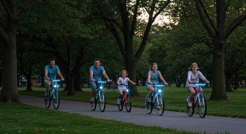 Familia de 5 integrantes utilizando la luces para bicicleta delantera mientras pasean por un carril bici en un parque al atardecer