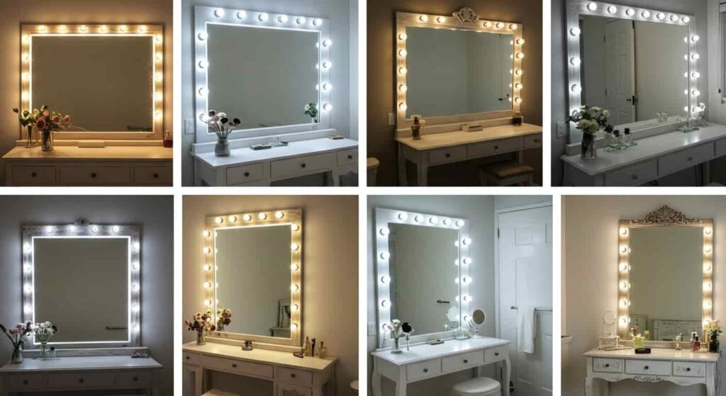 8 de los mejores espejos para maquillaje con luz estilo Hollywood con pequeñas lámparas led en los bordes en tonalidades de blanco frío y blanco cálido