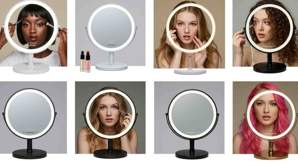 8 de los mejores espejos para maquillaje con luz y en 5 de ellos hay mujeres utilizándolos para maquillarse o arreglarse