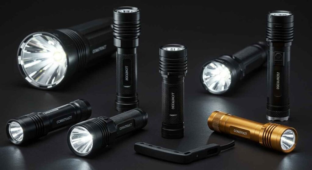 8 de las mejores linternas led recargables, 3 de pie y 5 acostadas, todas encendidas y de color negro, salvo una de color dorada
