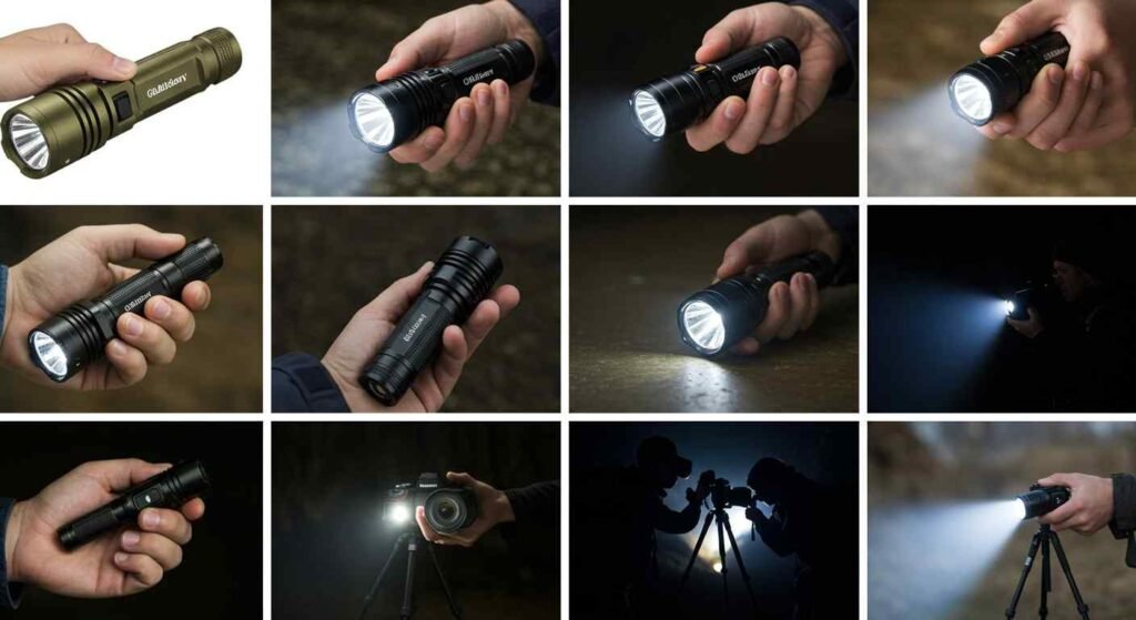 Selección con las mejores linternas led recargables, 12 de ellas todas encendidas