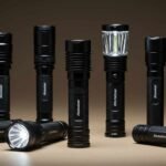 Mejores linternas led recargables, 6 de ellas de pie y 3 acostadas, todas de color negro
