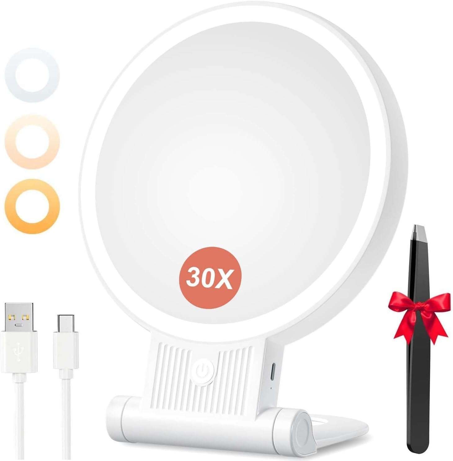 Espejo luz maquillaje de la marca Auxmir redondo con soporte, USB de recarga y pinza de regalo