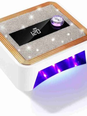 12- Lámpara de uñas Jutyum IA B0DR1KXTXP Lámpara de uñas Jutyum, forma de cajita, detalles dorados en la parte superior