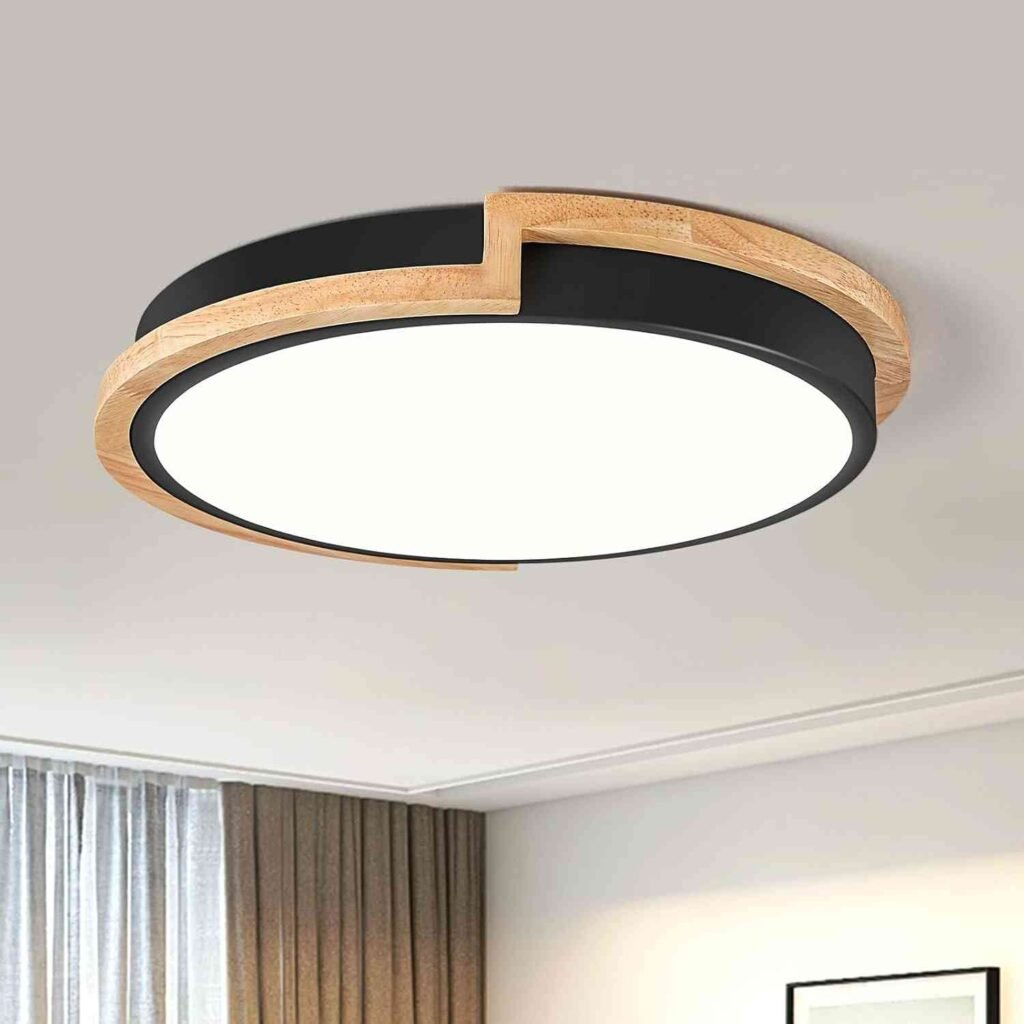 Lámpara habitación de la marca Vikaey, redonda combinando color negro y color madera en los bordes