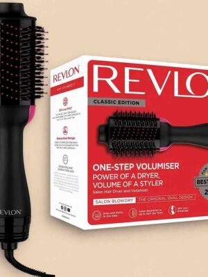 Cepillo de aire caliente de la marca Revlon junto con su caja presentación
