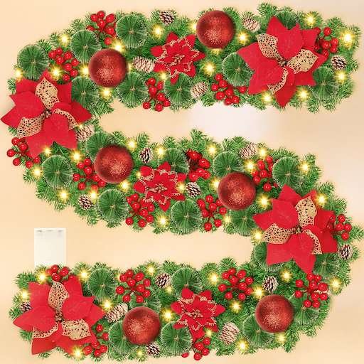 Guirnalda Navidad con luces y flores rojas de la marca Garite