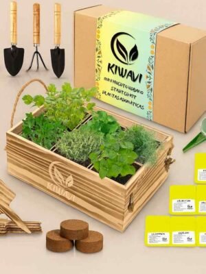 Jardinera de hierbas con varios accesorios y su caja presentación de la marca Kiwavi