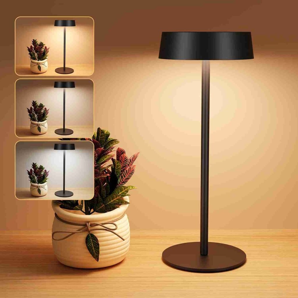 Lámpara sin cable Suright encendida al lado de un florero, vista con 3 tipos de iluminación