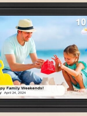 Marco de fotos digital de la marca Lutranstra, de un padre con un niño jugando en la playa