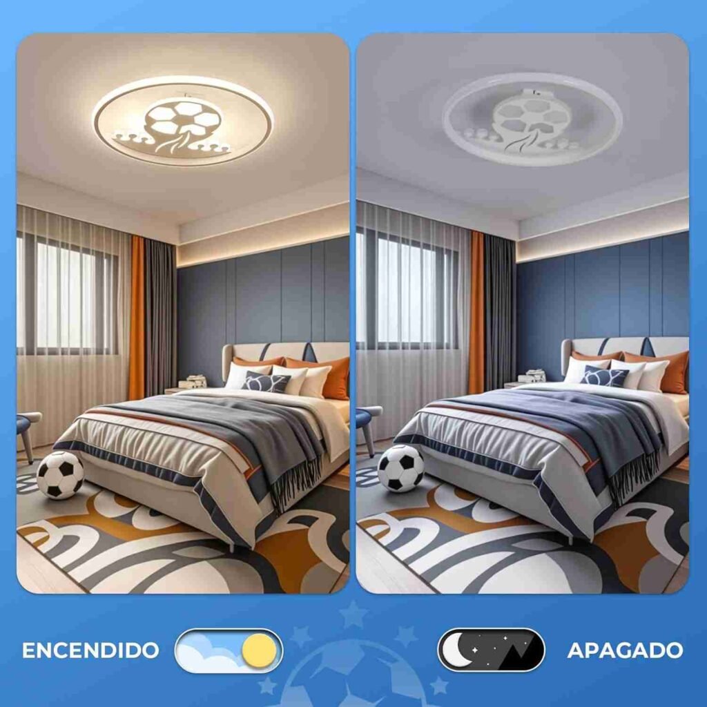 Lámpara habitación infantil de la marca Kuwork, motivo pelota de futbol, contraste de imágenes entre luz encendida y apagada