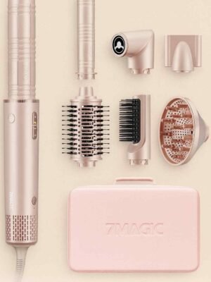 Set cepillo de aire caliente con 7 accesorios en color rosa suave de la marca 7Magic