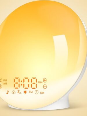 Lámpara de amanecer de la marca Artinabs encendida en tonalidad marrón suave