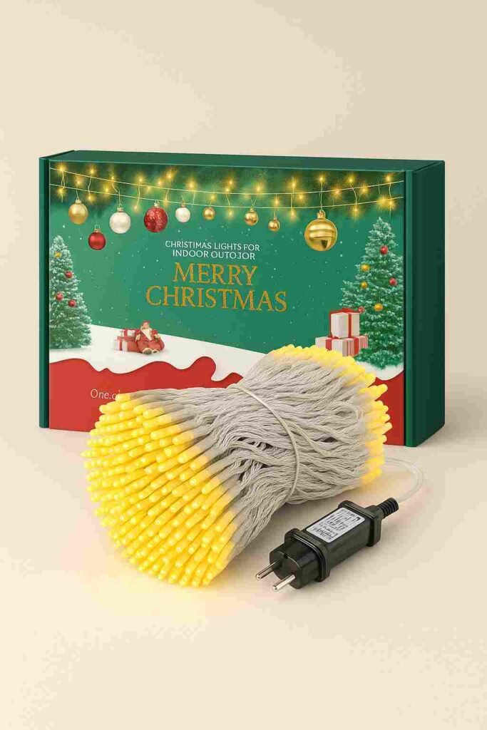 Luces de navidad exteriores de la marca Arkochic junto con su caja presentación y enchufe