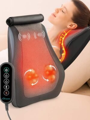 Masajeador cervical y de espalda de la marca Snailax, con una mujer haciendo uso del mismo