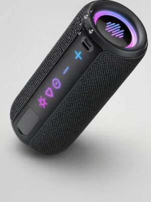 Altavoz compacto Timu IA B0FLX8B7DR Altavoz compacto de la marca Timu, forma tubular color oscuro con detalles en color lila