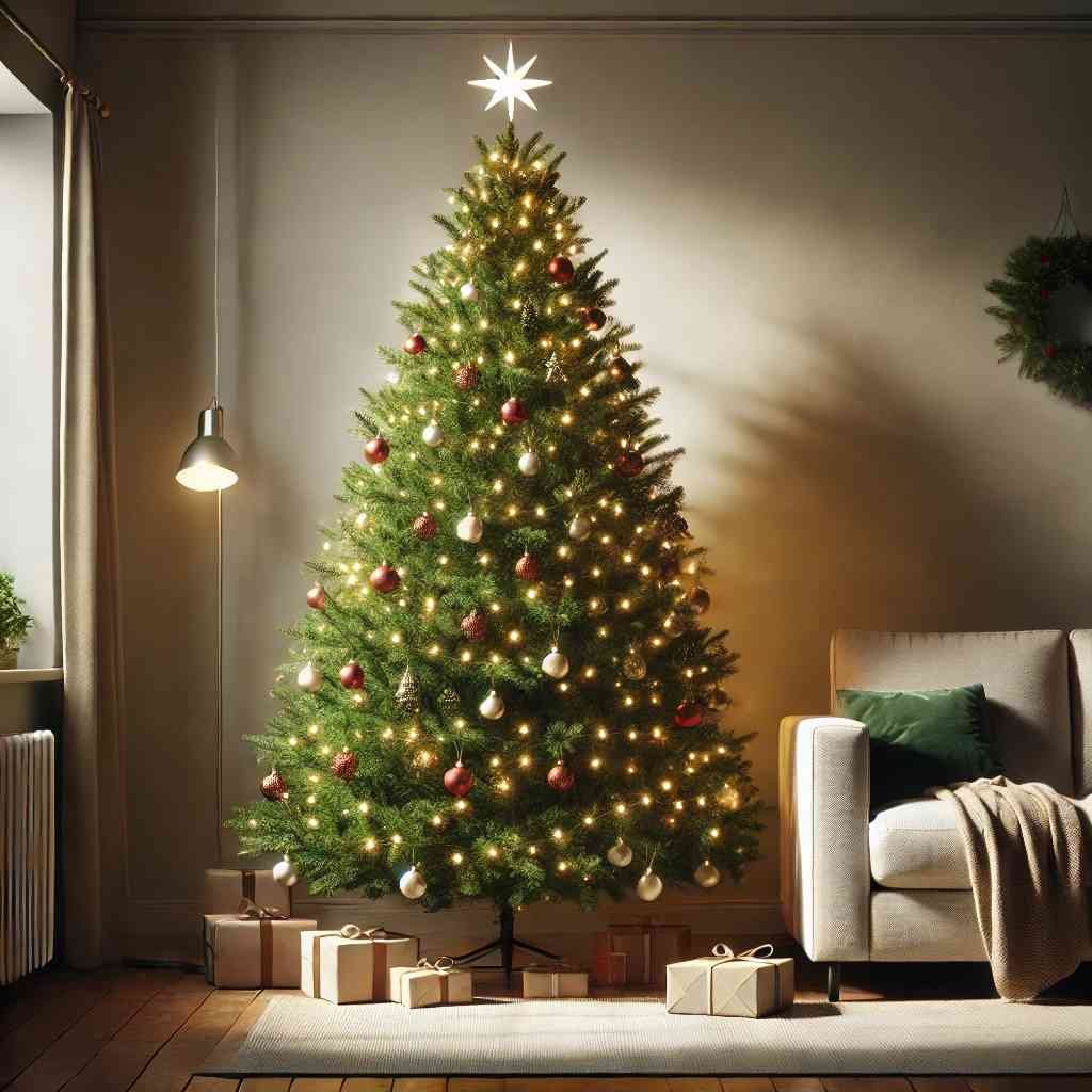 Árbol de Navidad con luces integradas, alto y con una estrella en la punta en un salón junto a un sillón