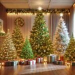 Top árboles de Navidad con luces integradas, en un salón con regalos en sus bases