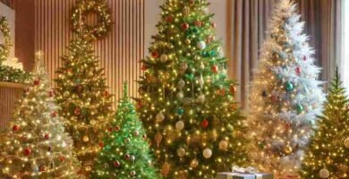 Top árboles de Navidad con luces integradas, en un salón con regalos en sus bases