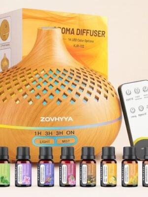 Difusor de aromas Zovhyya IA B0CSYY5GXR Difusor de aromas de la marca Zovhyya color madera con detalles en color verde y amarillo en rombos pequeños, junto con 8 aceites diferentes de regalo