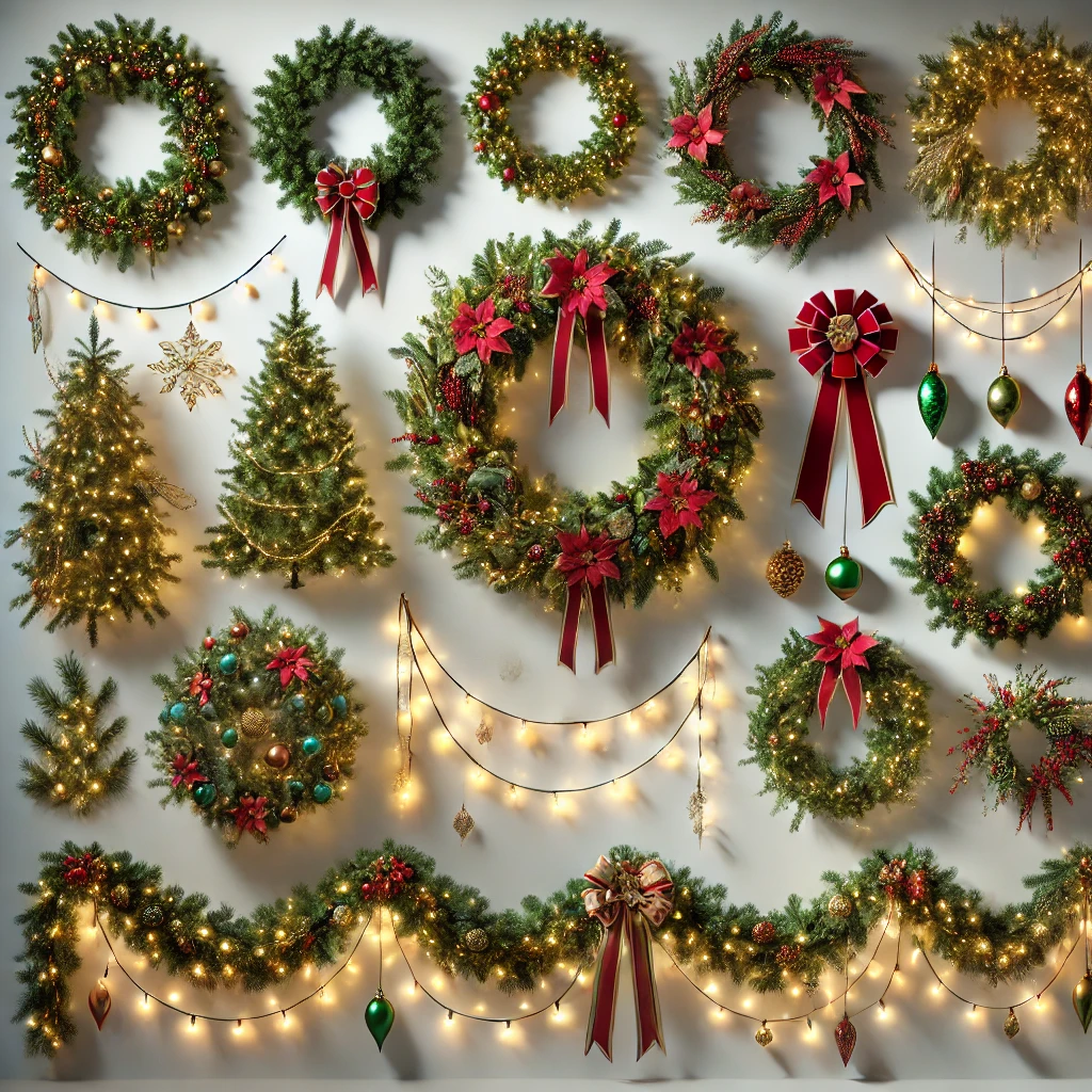 Variedad de las mejores guirnaldas de Navidad expuestas en una pared