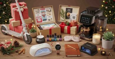 Selección de los mejores regalos de navidad para mujeres, cafetera automática, reloj inteligente, patinete eléctrico, lámpara de uñas, entre cajas de regalos bien decoradas para la ocasión