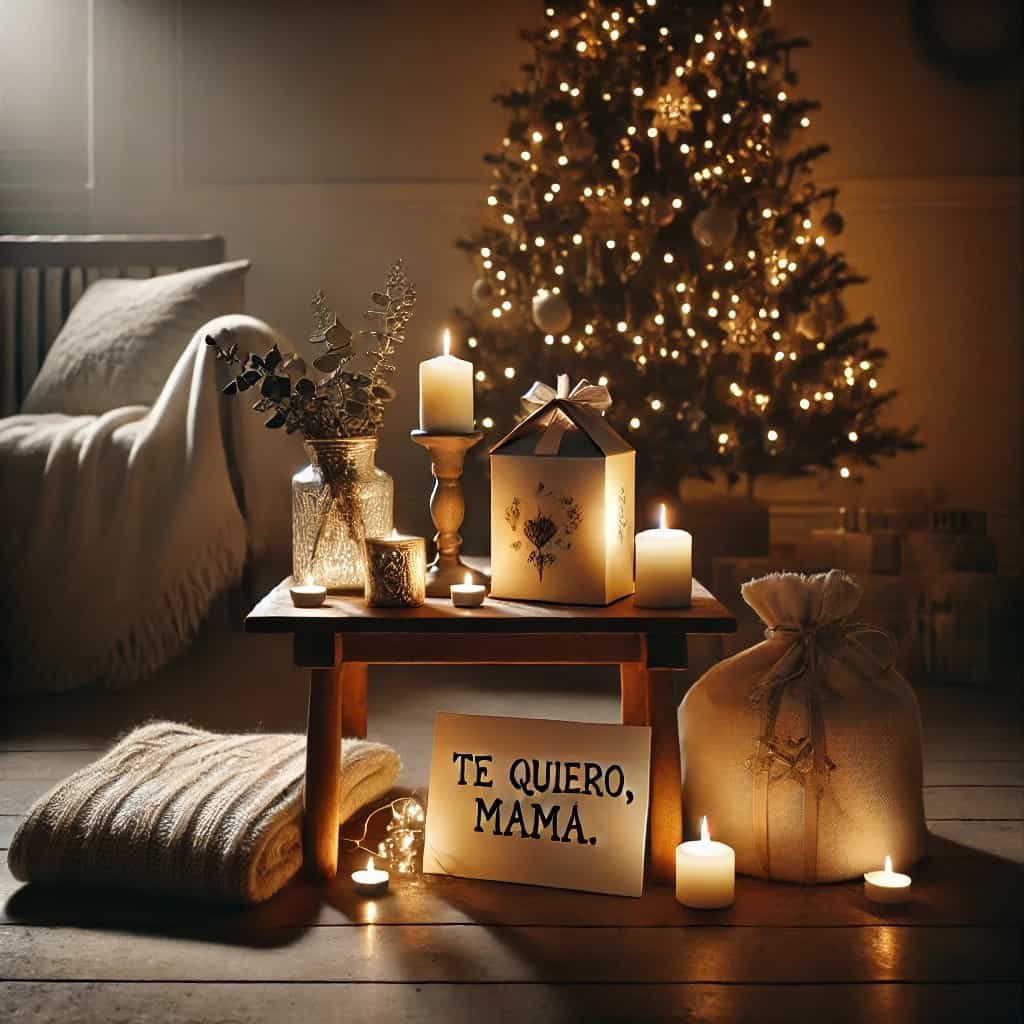 Regalos Navidad para una madre, en ambiente navideño con árbol, velas, regalos
