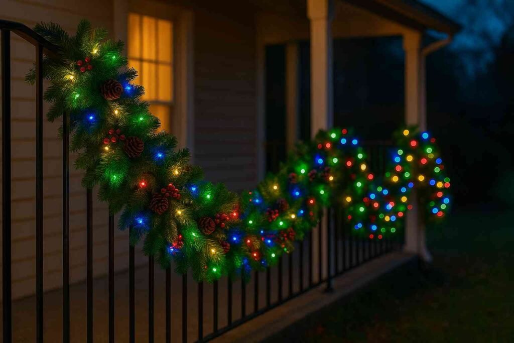 Top luces exteriores de navidad, tiras led multicolor decorando un balcón