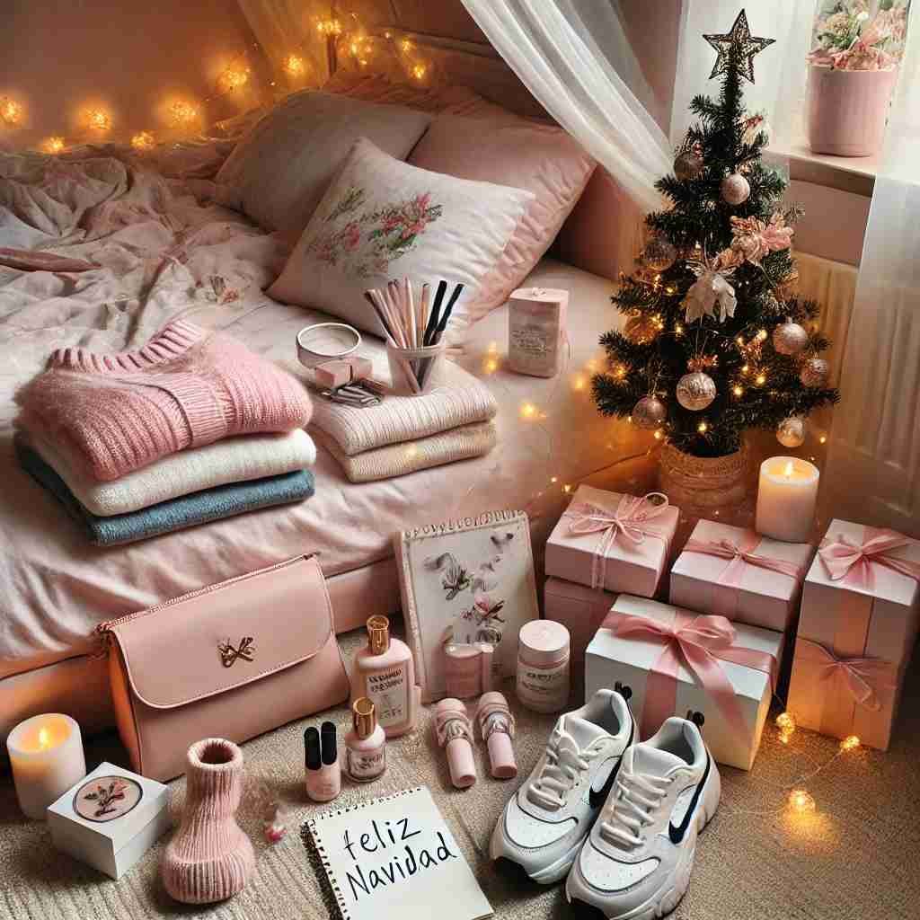 Regalos para navidad de niñas, muchos regalos y prendas de ropa en tonalidades rosa suave de un habitación