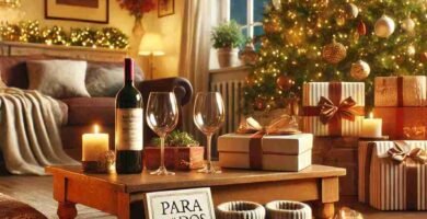 Regalo Navidad para padres en un salón decorado con varios adornos de Navidad